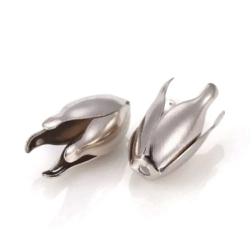 Mid Century Minimalist Style Long Silver Tulip Bead Caps Platinum Plated 20 pcs